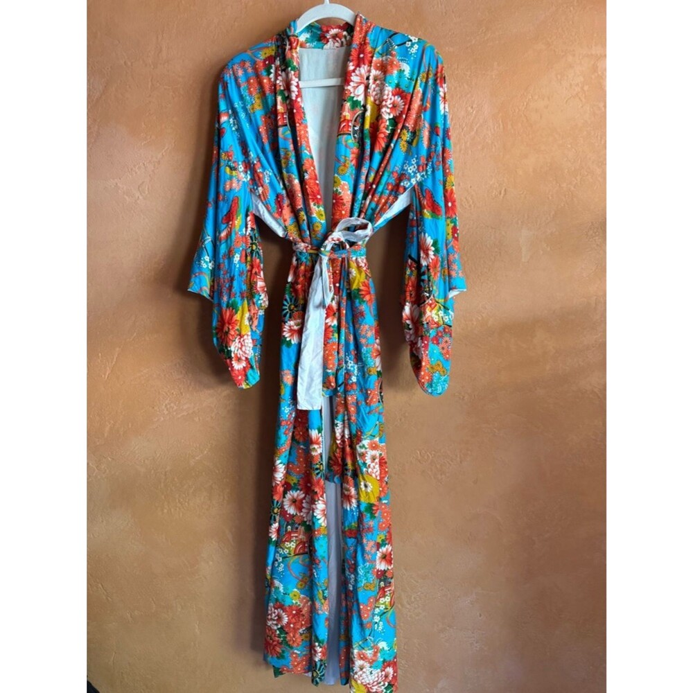 Vintage Japanese Floral Kimono Robe Boho Duster Jacket Statement Festival